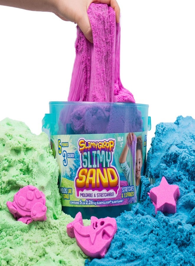 SLIMYSAND Bucket - 5 Pounds of Slimy Sand in 3 Colors (Blue, Green, Purple) - Cotton Candy Sand Play Set with 3 Molds and Reusable Bucket for Storage - Super Stretchy & Moldable Cloud Slime - Image 1